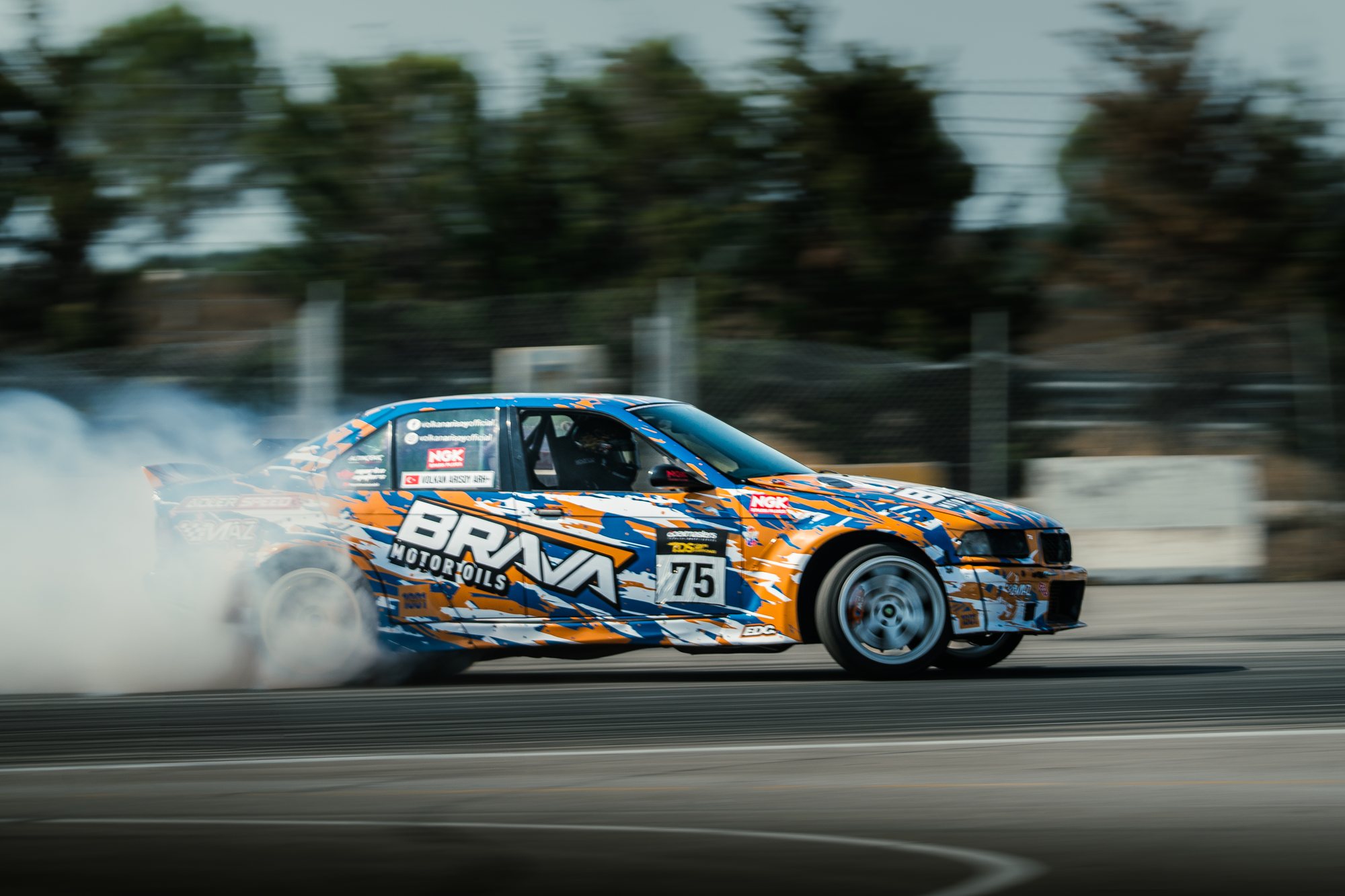 Slider, the Brava-liveried drift car, sideways on track